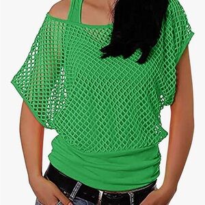 🪩 Amazon 80’s Style Green Mesh Off-Shoulder Top 🪩